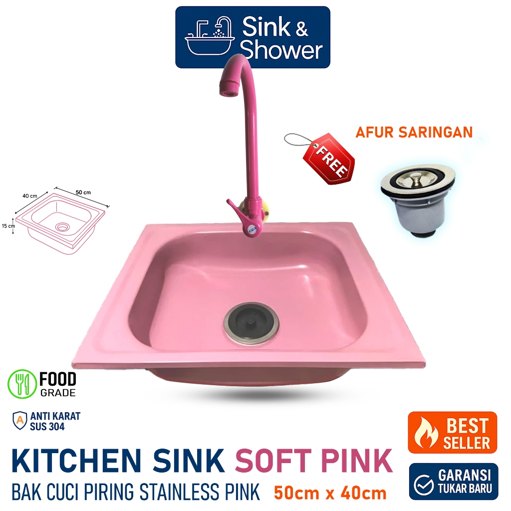 Bak Cuci Piring Stainless Steel PINK 50cmx40cm, Kitchen Sink Fullset, Wastafel Kran Angsa anti Karat