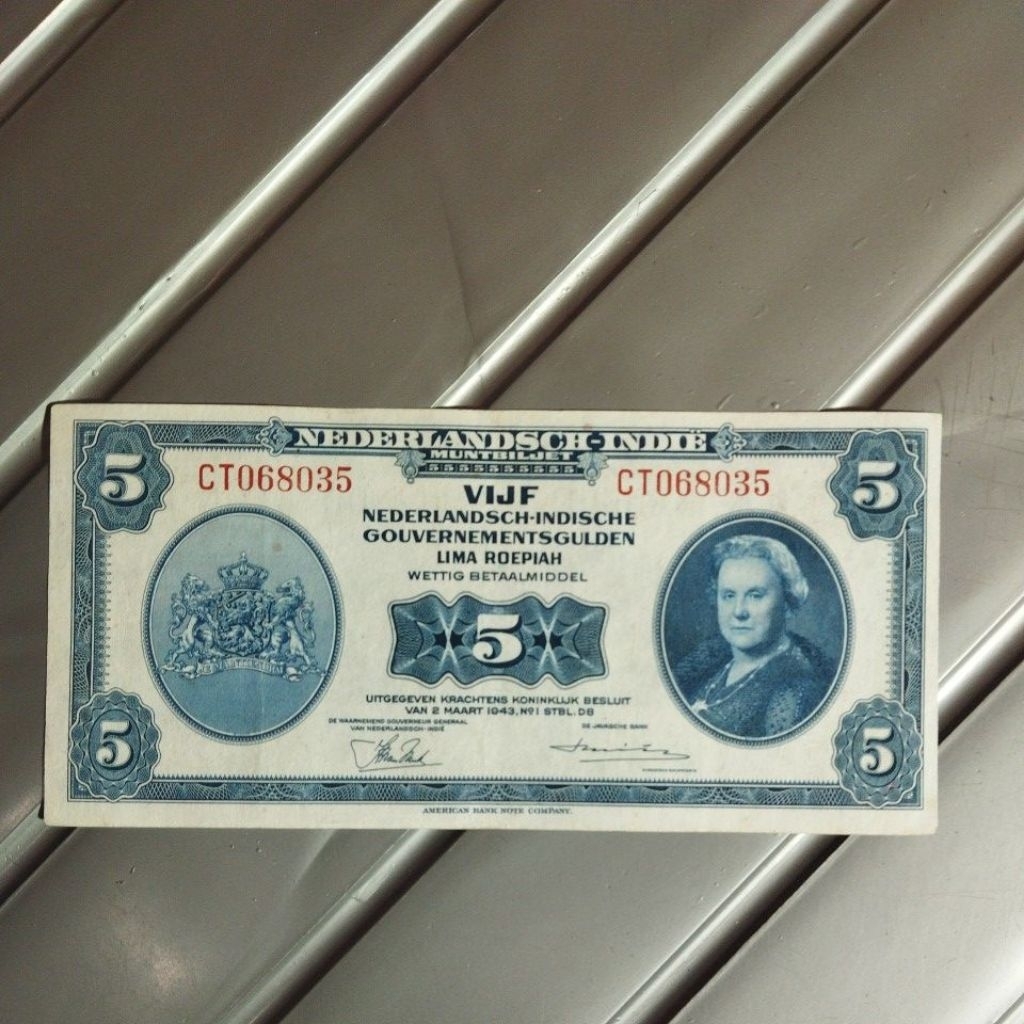 5 gulden NICA thn 1943 asli uang penjajah Belanda bagus