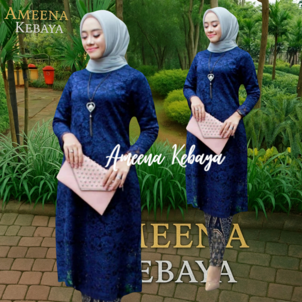 Setelan Baju Kebaya Tunik Brokat | Kebaya Tunik Kurung Melayu dengan Bawahan Rok Plisket Batik | Keb