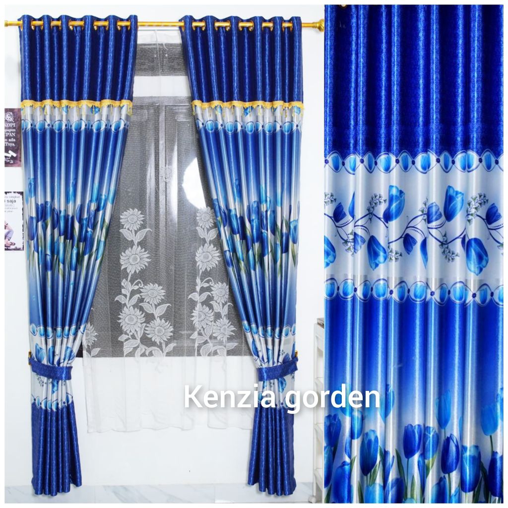 Gorden Poni tempel model bunga tulip warna biru bahan tebal lembut mewah