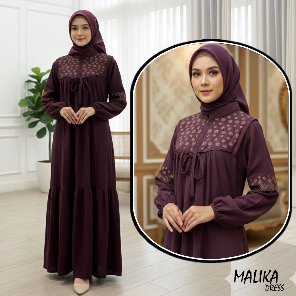 MALIKA Dress Crinkle Airflow Gamis Kondangan Kajian Pesta Mewah Elegan Wanita Dewasa