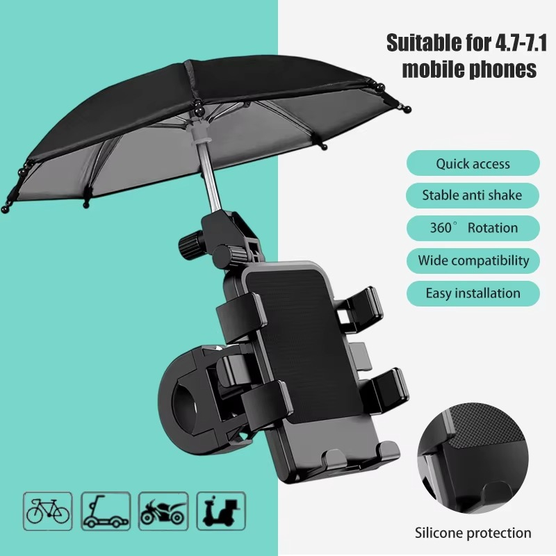1 Set Lengkap Phone Holder Dudukan Ponsel Motor Dengan Payung Tahan Percikan Air Hujan Penahan Silau Panas Matahari Klip Ponsel Dudukan Stang / Spion Sepeda Motor Listrik Scooter Stoller untuk Smartphone HandPhone GPS 360 Rotatable Umbrellla Sunshade