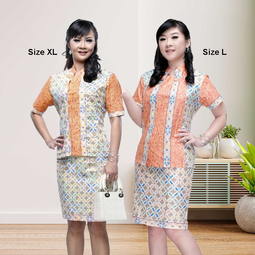 Set Rok Blus Kerja Batik Cempaka Orange