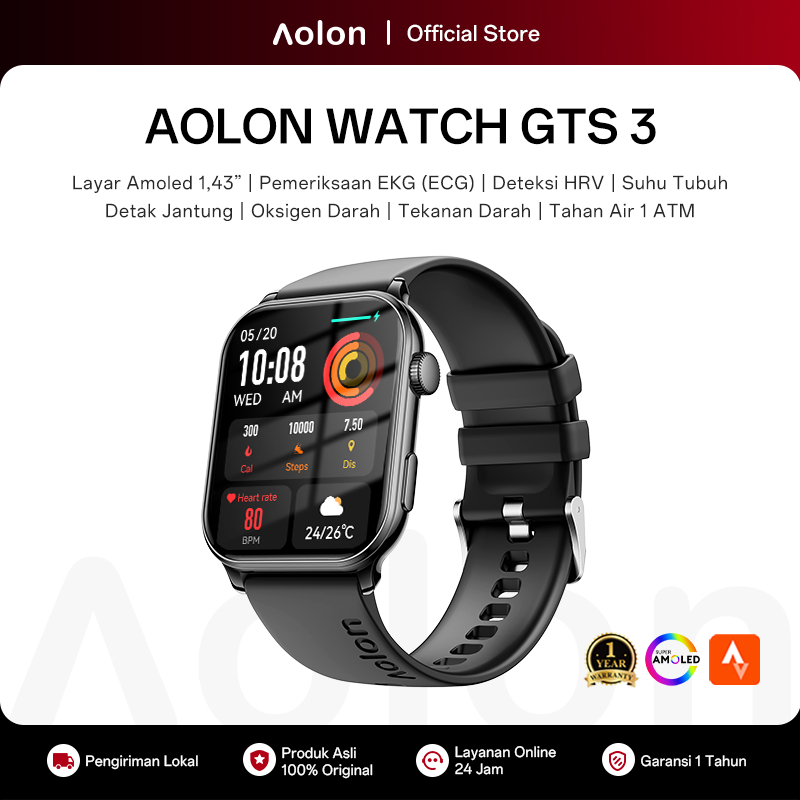 Aolon GTS 3 Jam Tangan Smartwatch Tipis Original 41mm Amoled AOD Ultra-thin Whatsapp Bluetooth Telep