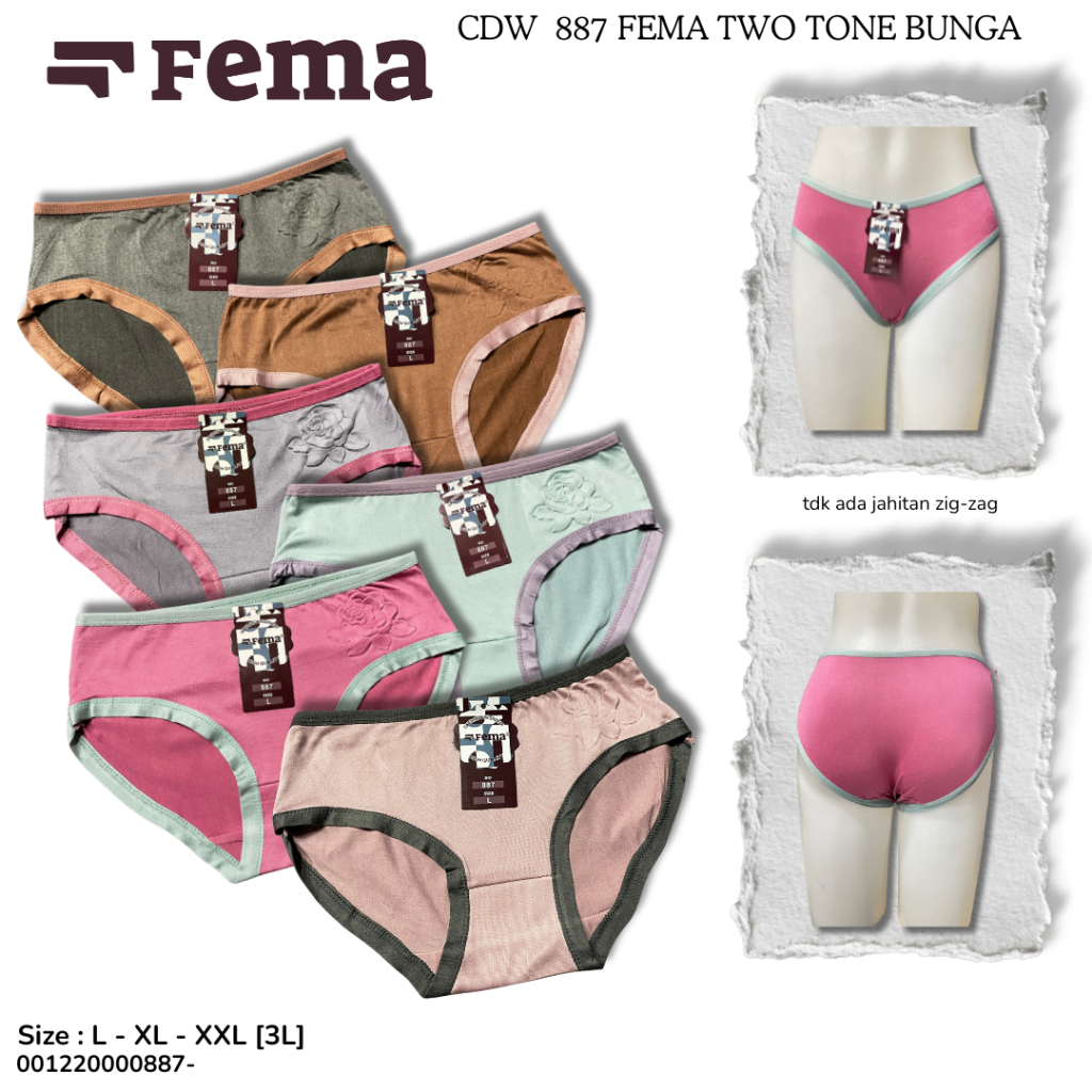 FEMA Official Shop Ecer 3,6,12 pcs CD Wanita 887 Two Tone/Celana Dalam Dua warna kombinasi Bahan Nyl