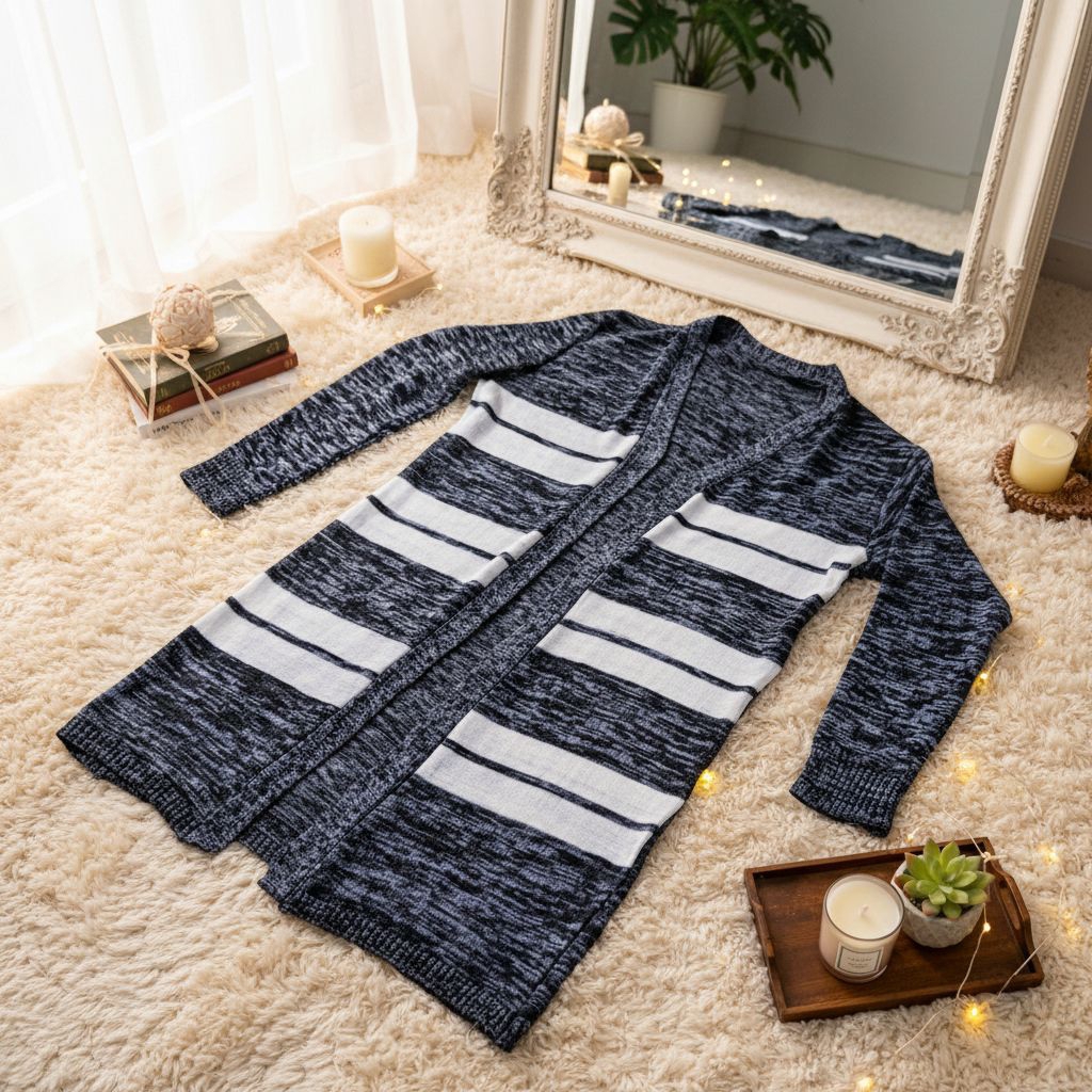Fashion Muslim Atasan Wanita Long Cardigan Rajut Motif Garis Putih