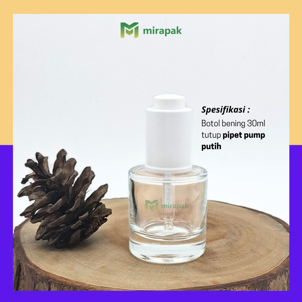 BOTOL PIPET SERUM 30ML BENING BAHU BULAT CLEAR - PIPET PUMP PUTIH / KLIK / PIPET PENCETAN - SET KACA