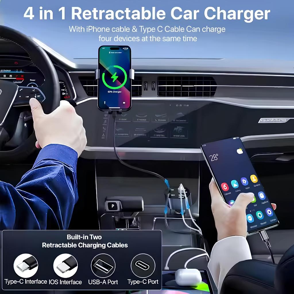 TERBARU 4IN1 RETRACTABLE CAR CHARGER COLOKAN MOBIL IOS TYPE-C CHARGER MOBIL FAST CHARGING CASE HP DI