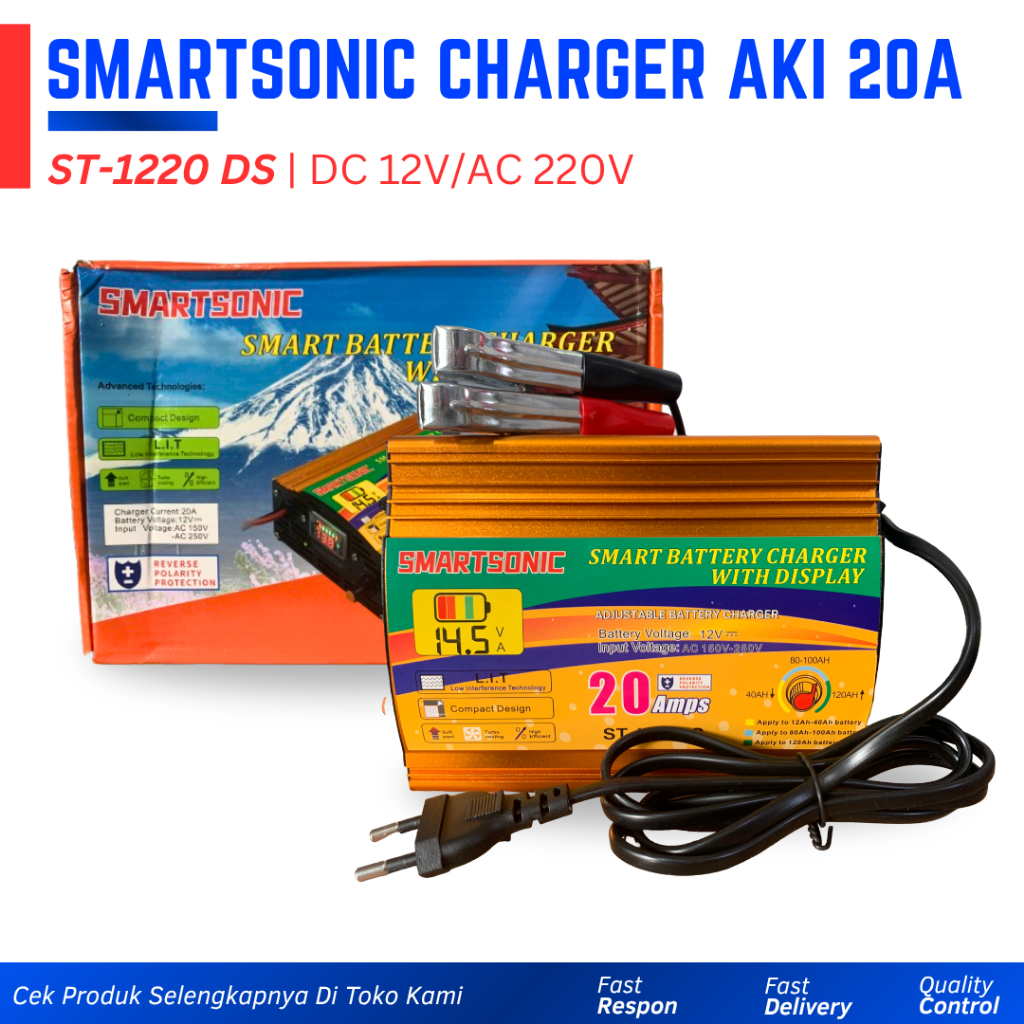 Charger Aki Otomatis Smart Battery Charger 20 Amper Baterai 12Ah-120Ah Tegangan 12V Smartsonic ST-12