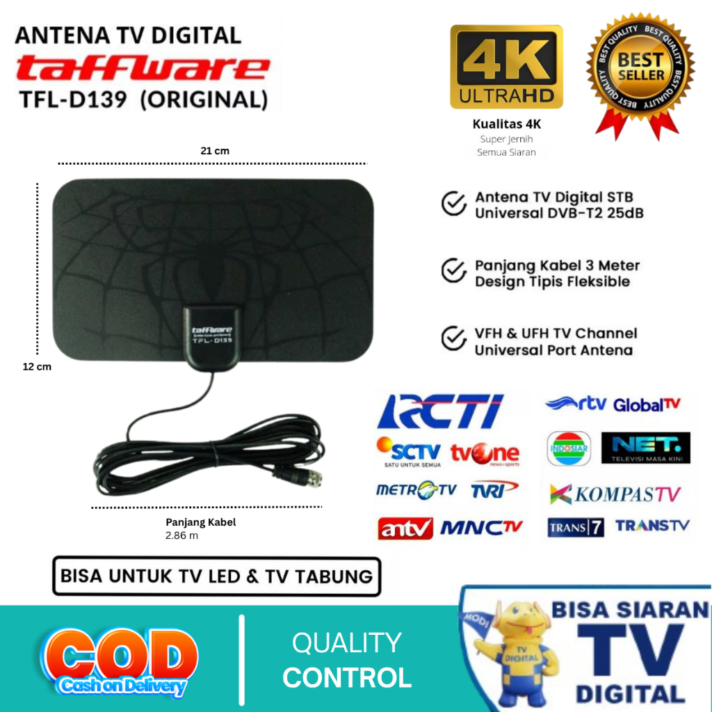 Taffware Antena TV Digital Indoor DVBT2 Super Jernih 4K High Gain 25dB Signal Booster Tafware Antenn