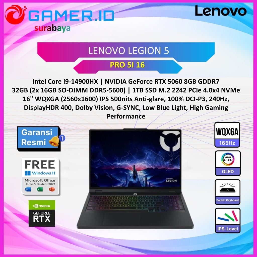 LAPTOP LENOVO LEGION PRO 5I 16 I9 14900HZ RTX5060 8GB/ 32GB 1TB 1TB 16.0 WQXGA 240HZ 100DCIP3 24ZRGB