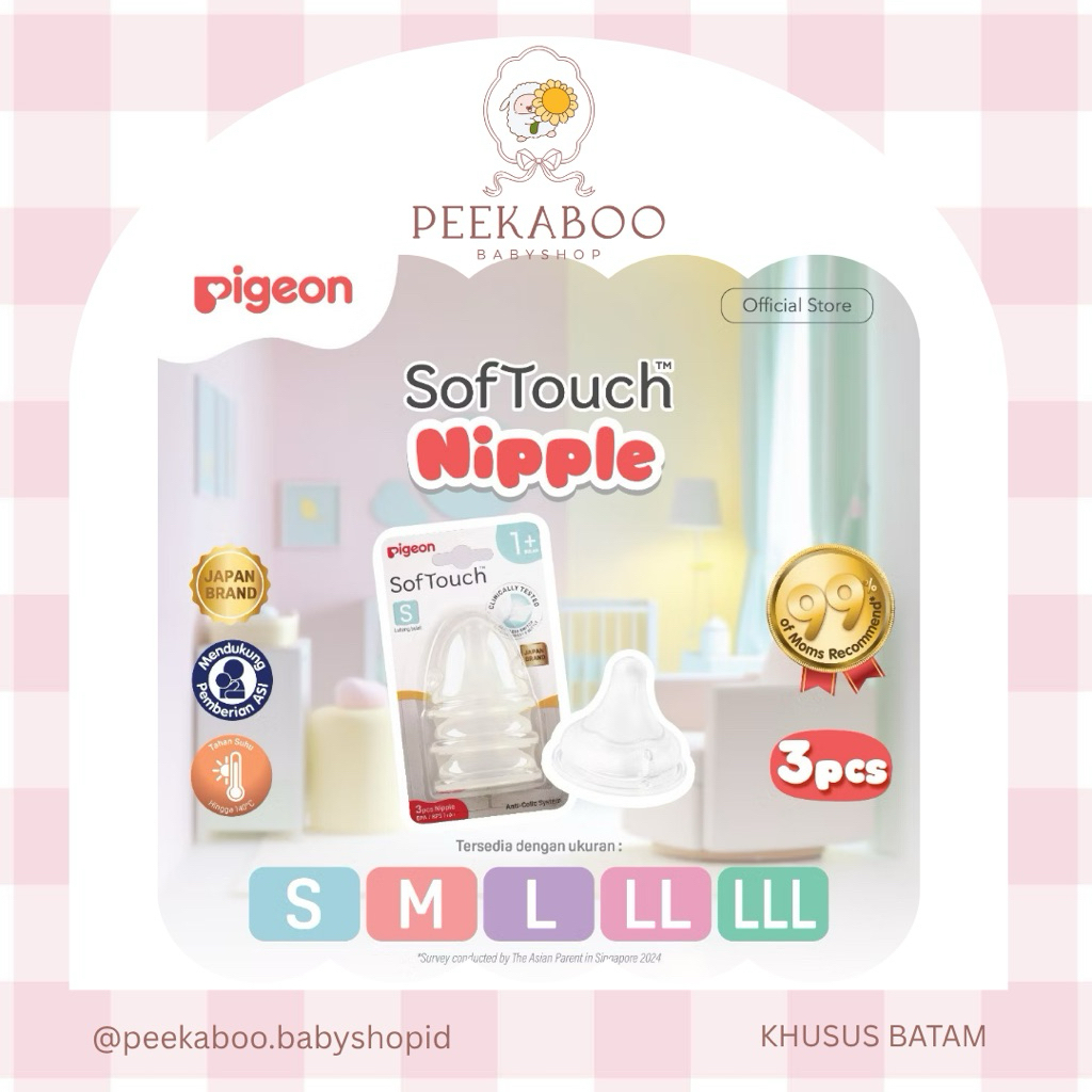 PIGEON SofTouch Nipple Dot Wide Neck - 3pcs Blister | Pilih Size | Dot Seperti Payudara Ibu | Elasti