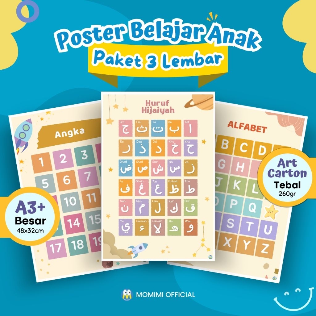 Poster Edukasi Anak Estetik Belajar Angka, Huruf Alfabet, Hijaiyah