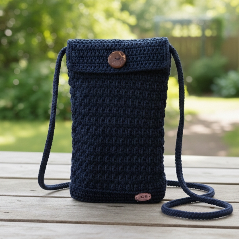 Tas HP Rajut Selempang Biru Dongker Navy Kancing Batok | Sling Bag Pouch Dompet HP Rajut Wanita