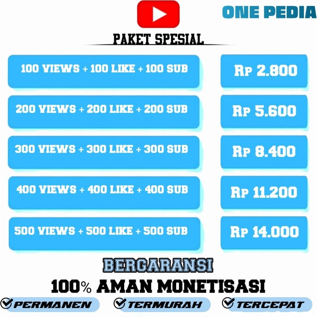 VIEWS - LIKE - SUBSCRIBER PAKET SPESIAL YOUTUBE PERMANEN PROSES CEPAT BERGARANSI - TERMURAH - REAL A