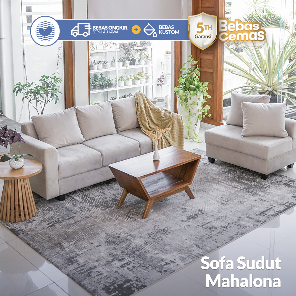 LOVISE Sofa Mahalona Sudut Bludru Anti Cakar Kucing - Skandinavian Dudukan 3 Seat + Chaise Bentuk L