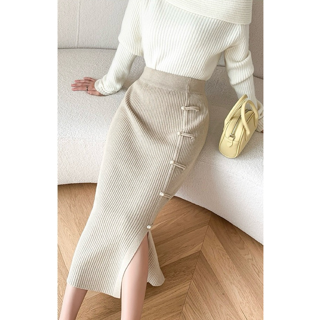 Rok Rajut import span belahan samping modis panjang