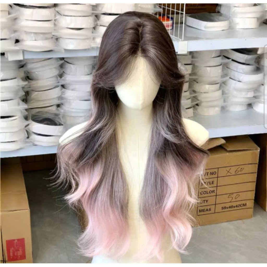 PO CHINA DP 50% | Wig Rambut Palsu Ombre Hitam ke Pink Panjang Bergelombang — Gaya Belah Tengah Natu