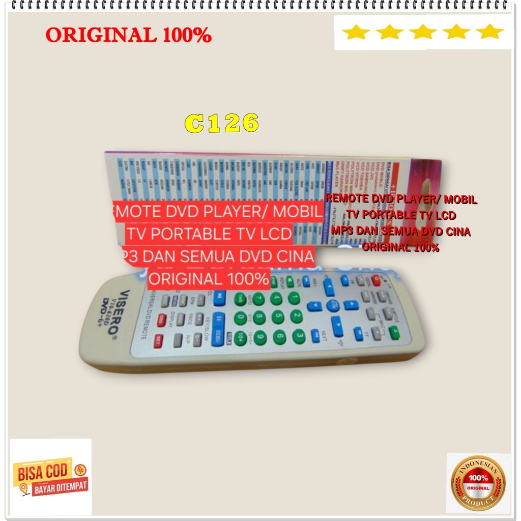 C126 100% ORI REMOTE VISERO DVD PLAYER DVD MOBIL SERBA GUNA TV PORTABLE TV LCD MP3 CINA REMOT MULTI 