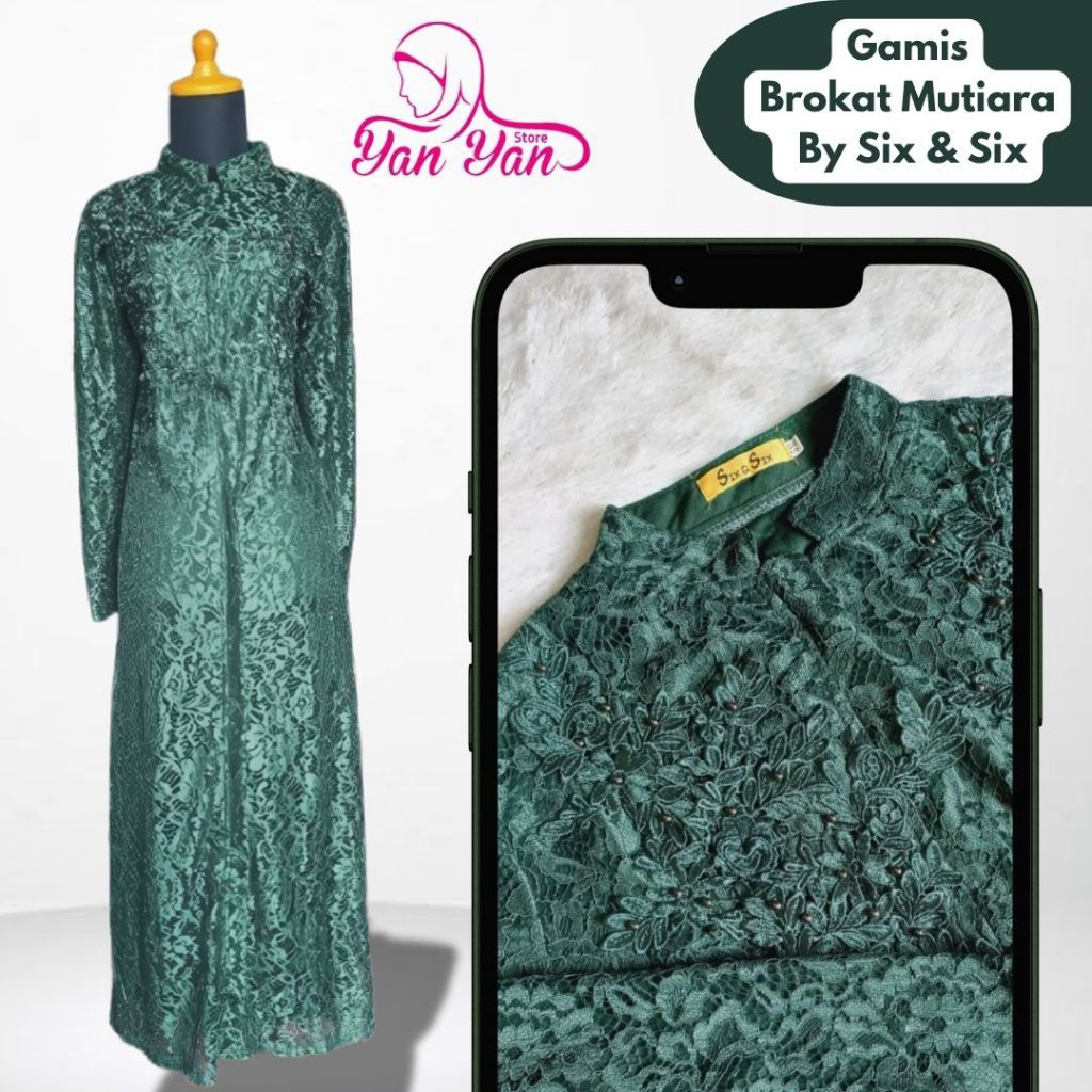 Gamis Brokat Mutiara Hijau Emerald By Six & Six Elegan Modis Cantik Menarik Unik Yang Dipermanis Mut