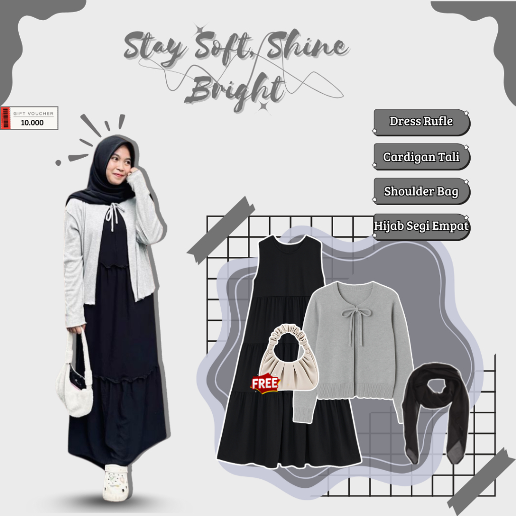 Outfit Wanita 4in1 ( Hijab Segi Empat, Dress Rufle, Cardigan Tali, Shoulder Bag ) OOTD Korean Style 