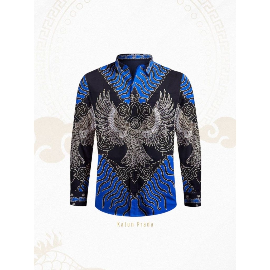 Kemeja Batik Tulis Katun Prada Pria – Motif Elang Biru Emas Mewah