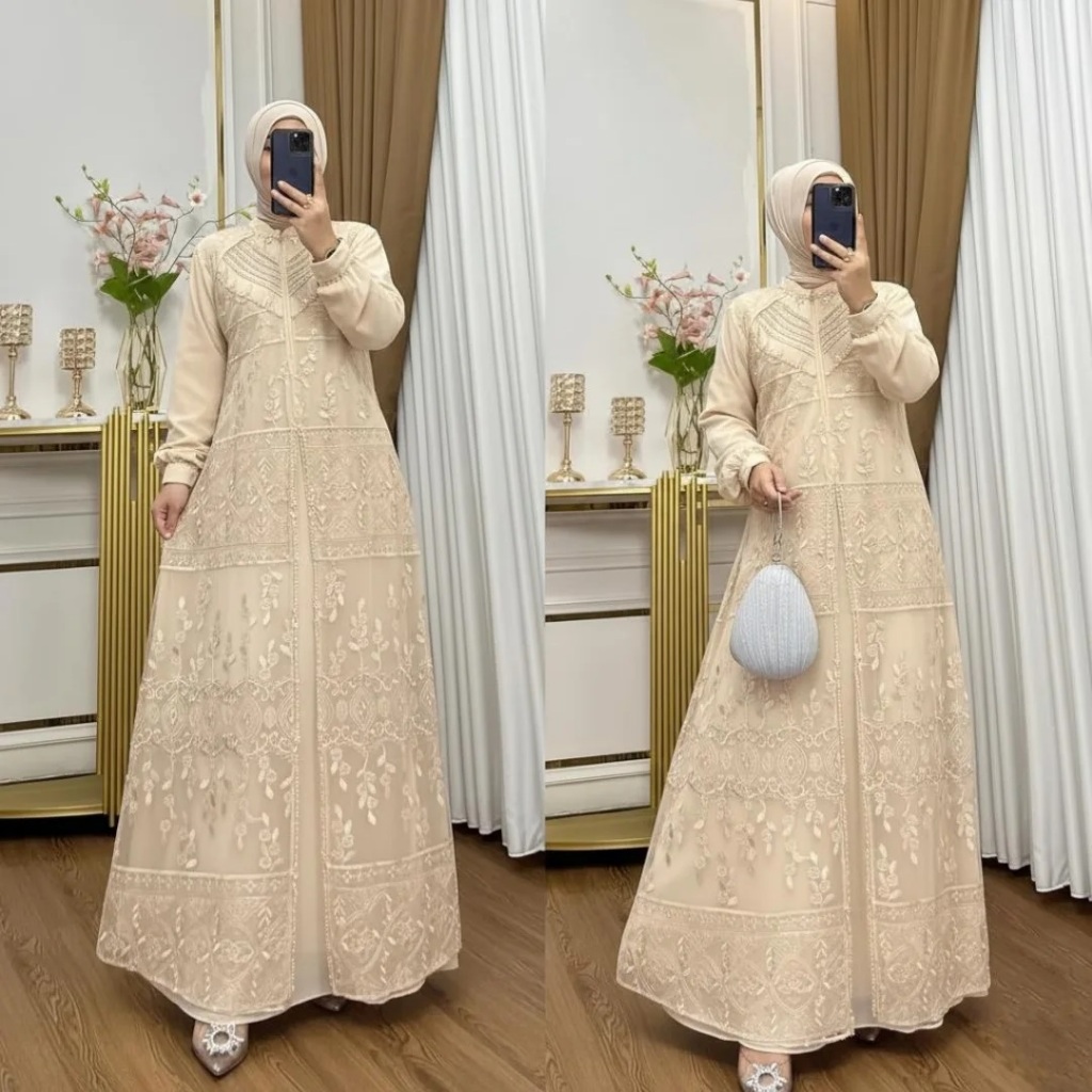 Aqila Dress / Dress Kondangan Busui Frendly Mahogany / Gamis Ibu Ibu Brukat Terbaru 2025 Mewah Kekin