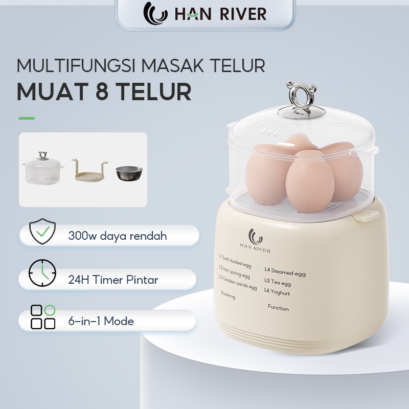 Han River Panci Listrik 6-in-1 Egg Cooker 300W Low Watt Multifungsi Steamer Tray Kukus & Cup Kukus
