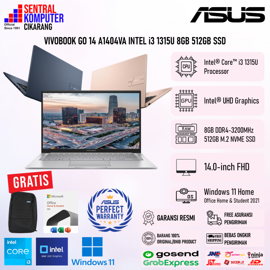 ASUS VivoBook Go A1404VA Intel i3 1315U 16GB 512GB SSD 14" FHD Win11+OHS Original Garansi Resmi