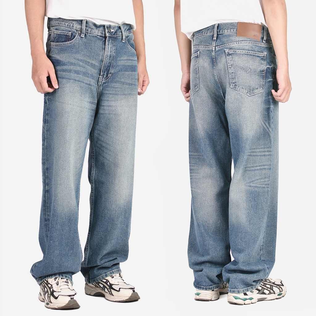 Warning Clothing - Denimes Prewashed Non Stretch Loose Fit Straight Jeans Pria hitam, mid blue, biru