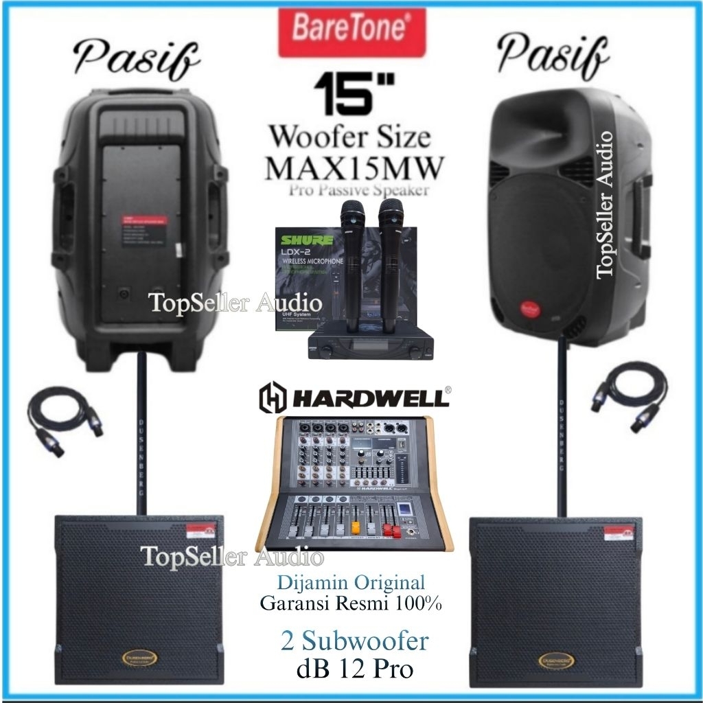 Paket Sound System Speaker 15 Inch BareTone MAX15MW Subwoofer Aktif DusenBerg dB 12 Pro Power Mixer 