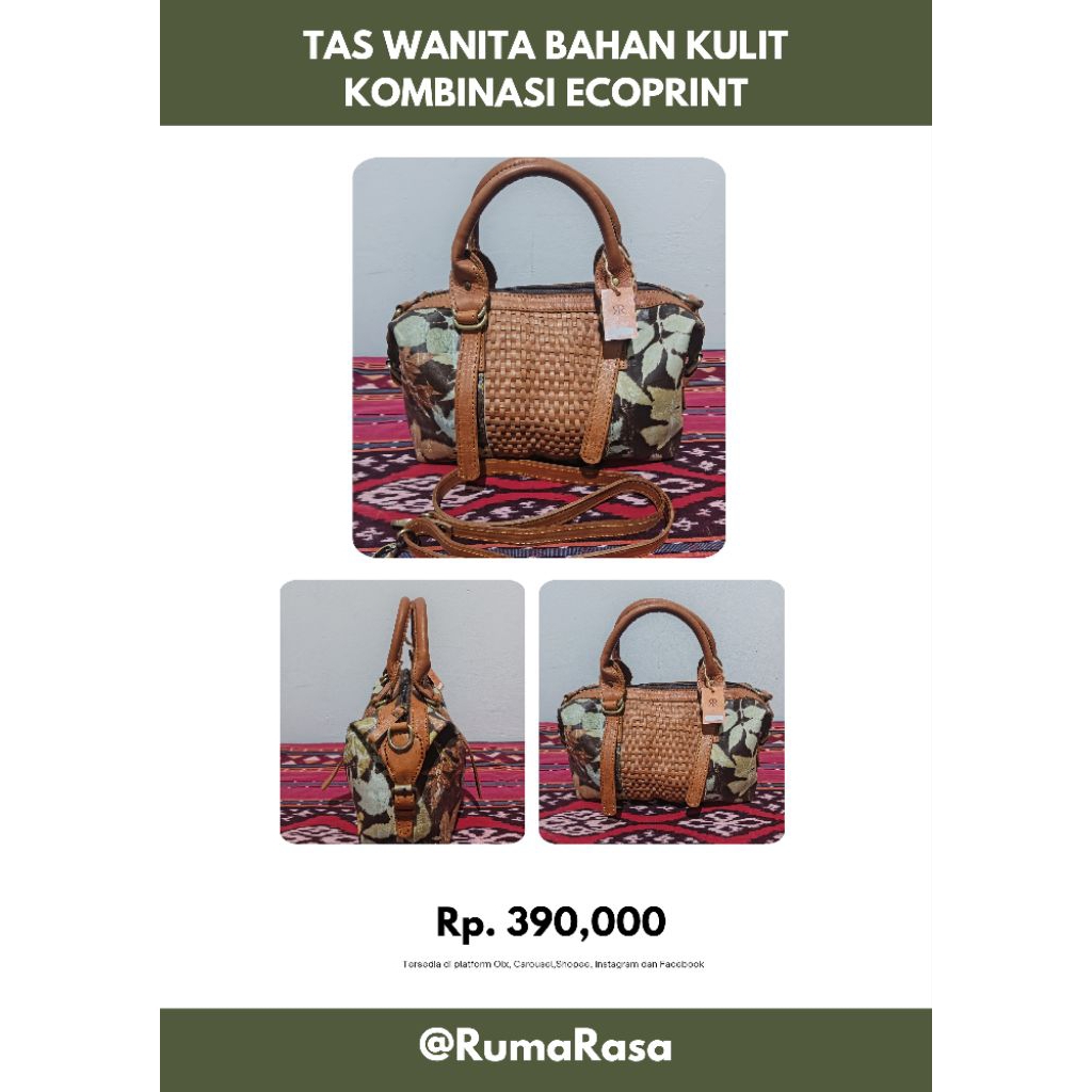 tas wanita bahan kulit kombinasi ecoprint daun