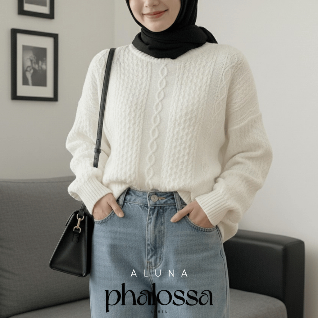 Aluna Knit Sweater Wanita by Phalossa – Sweater Rajut Premium Putih Gaya Korea
