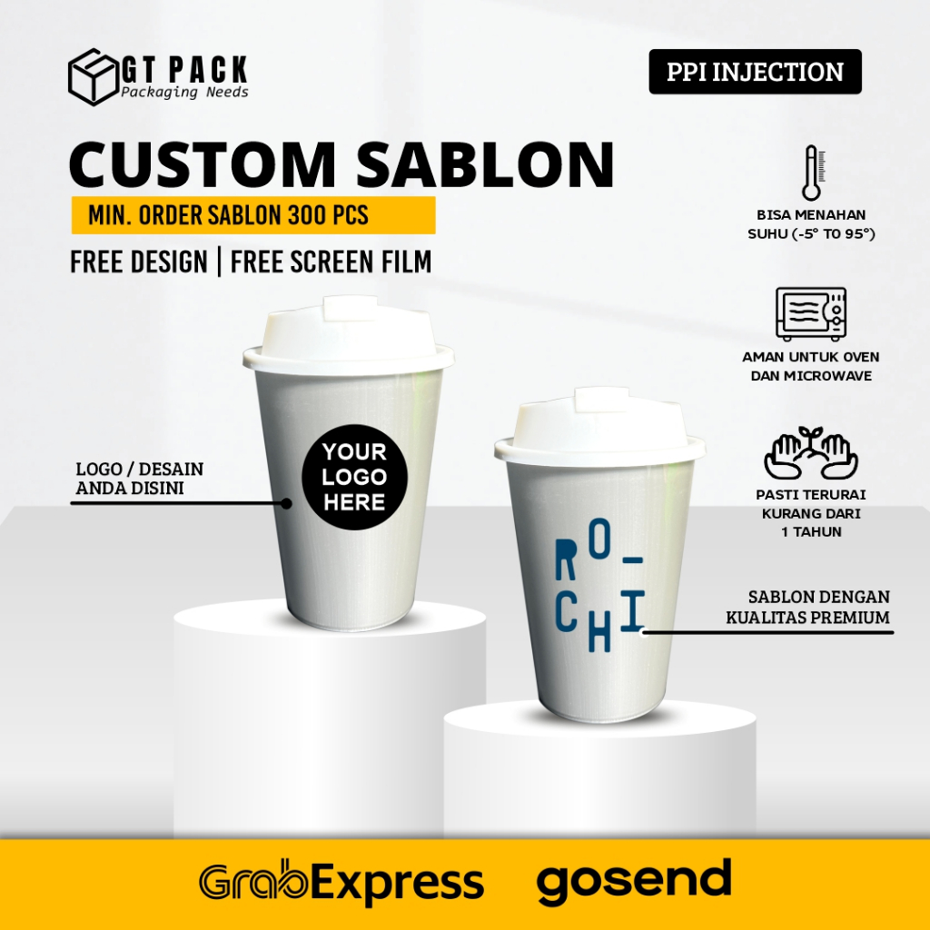 Sablon Cup Plastik PP Injection Datar 500 ML (Warna) + Tutup