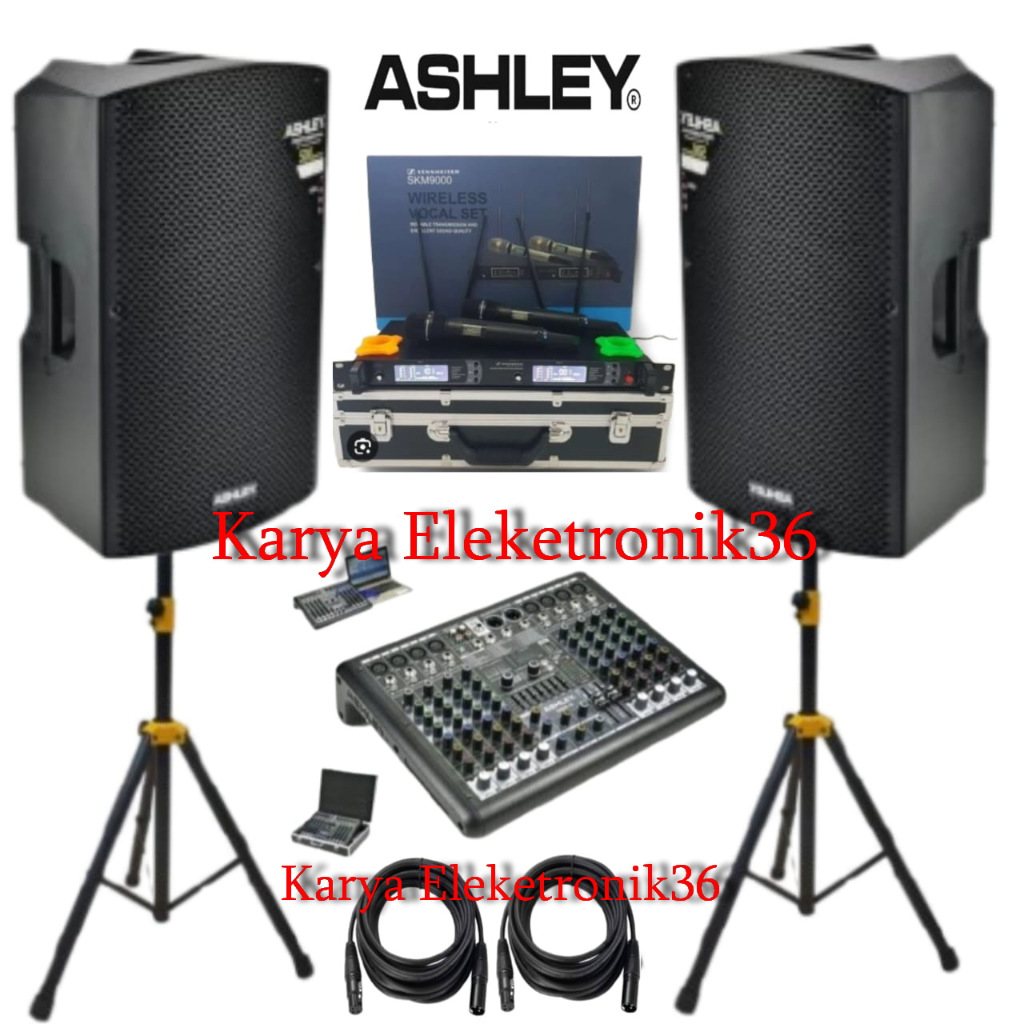 Paket Sound System Ashley AR500 15 Inch 500 Watt Komplit Mixer Ashley SMR8 8 channel Dan Mic Wireles