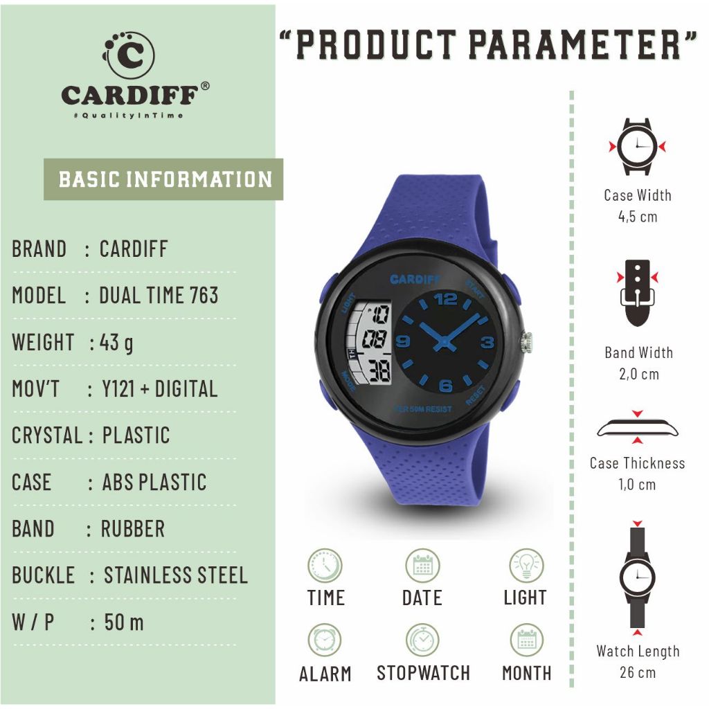 CARDIFF DT 763 Jam Tangan Pria Dual Time Water Resist