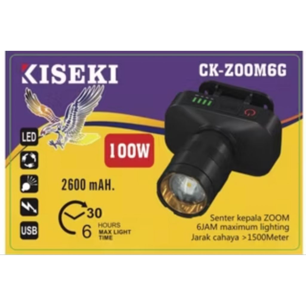 Kiseki Senter Kepala Zoom6G 100 Watt Super Terang - Senter Zoom