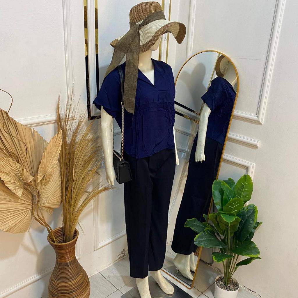 Disa Set Katun Rayon / Setelan Celana Panjang Wanita / One Set Vneck Polos Tangan Pendek