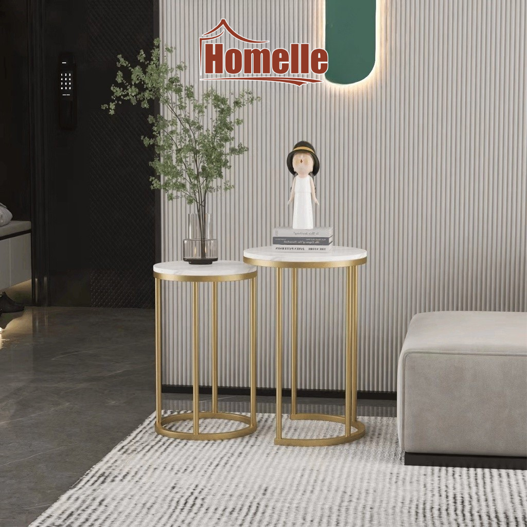 Meja Marmer Minimalis - Meja Samping Marmer dengan Kaki Besi | Set 2 Meja, Cocok untuk Ruang Tamu