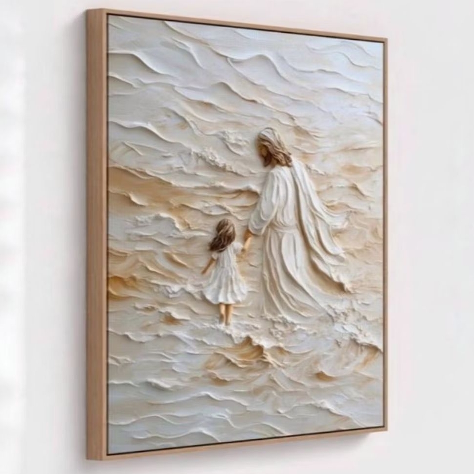 Hiasan Dinding Lukisan Tuhan Yesus Menuntun Anak Kecil 3D Timbul