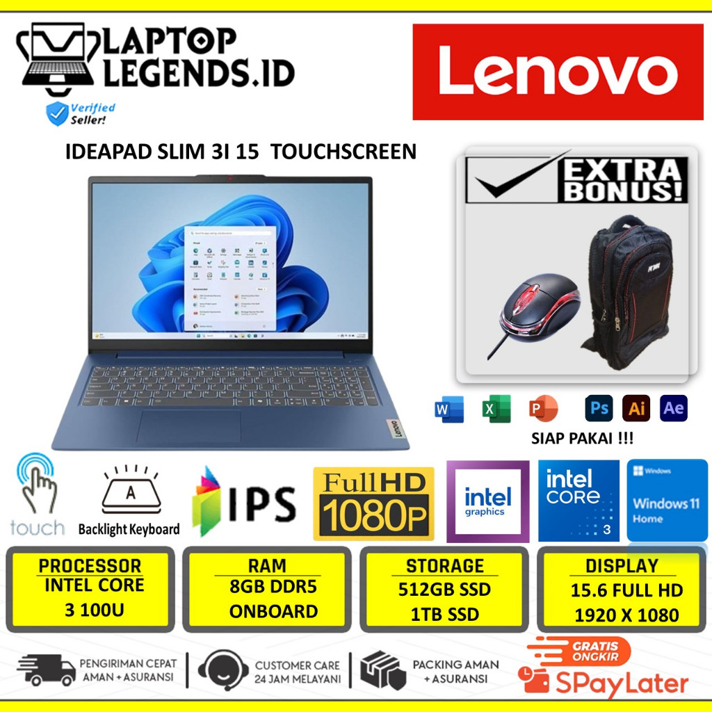 Laptop Murah Lenovo Ideapad Slim 3i intel Core i3 15 inch Full HD IPS Touchscreen Ram 8GB 1TB SSD