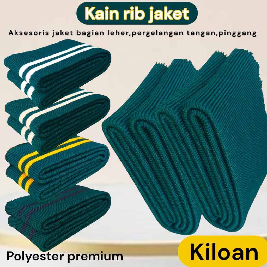 Kain Rib poliester warna hijau botol polos dan strip rib jaket premium kiloan