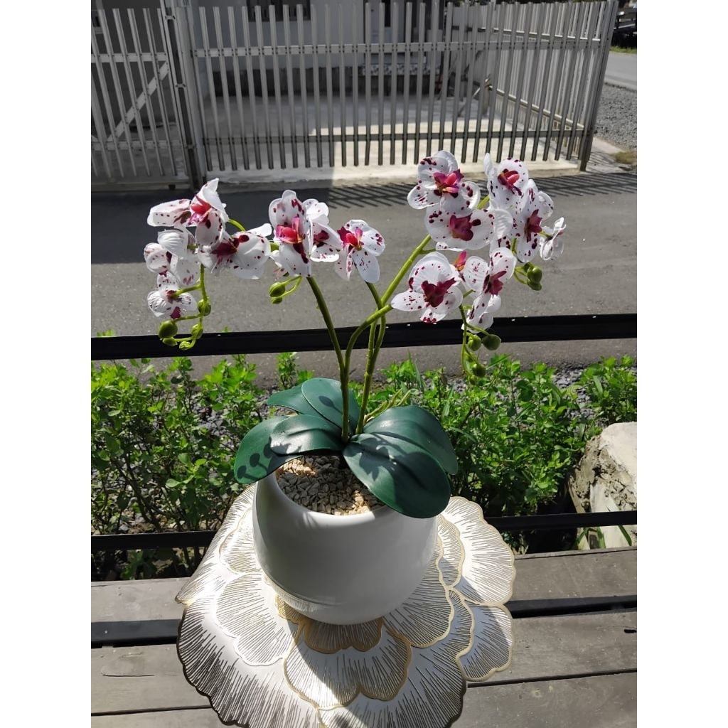 [ BUNGA + VAS BOLA BULAT ] BUNGA ANGGREK LATEX & KAIN ARTIFICIAL UNTUK DEKORASI HIASAN MEJA CANTIK