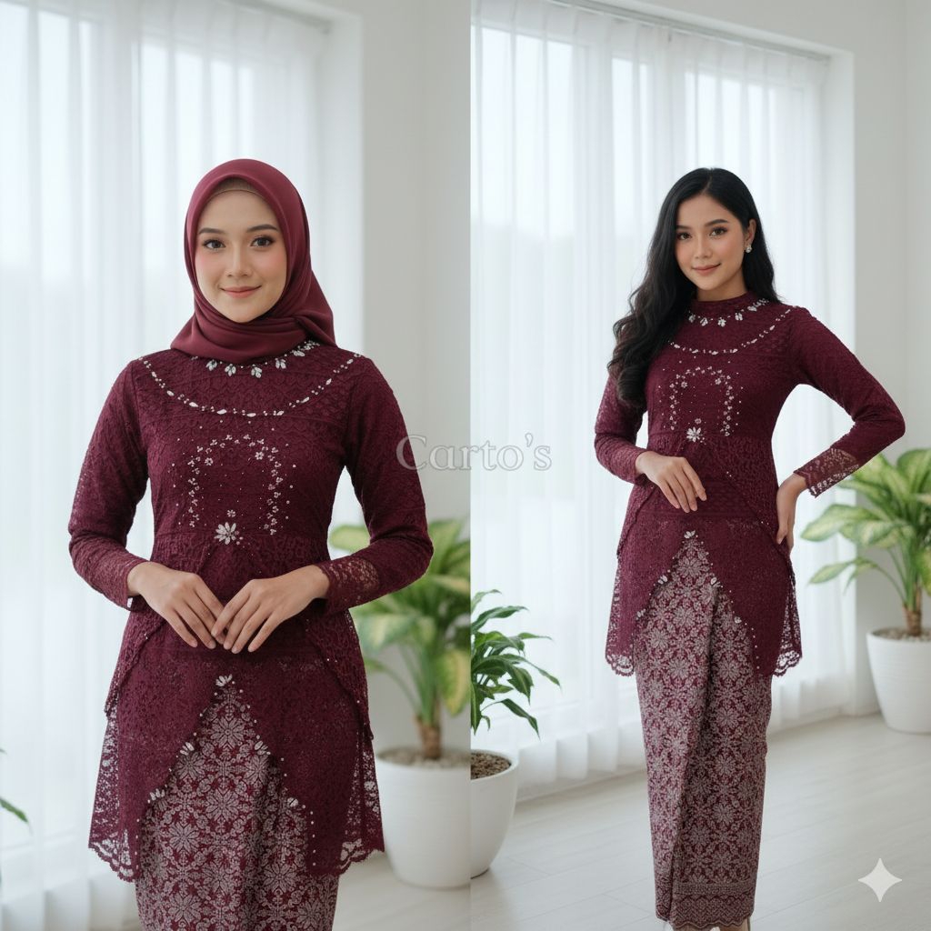 Kebaya Brokat Maroon Modern Set Rok Lilit Batik | Kebaya Kondangan Muslim & Non Hijab Elegan Terbaru
