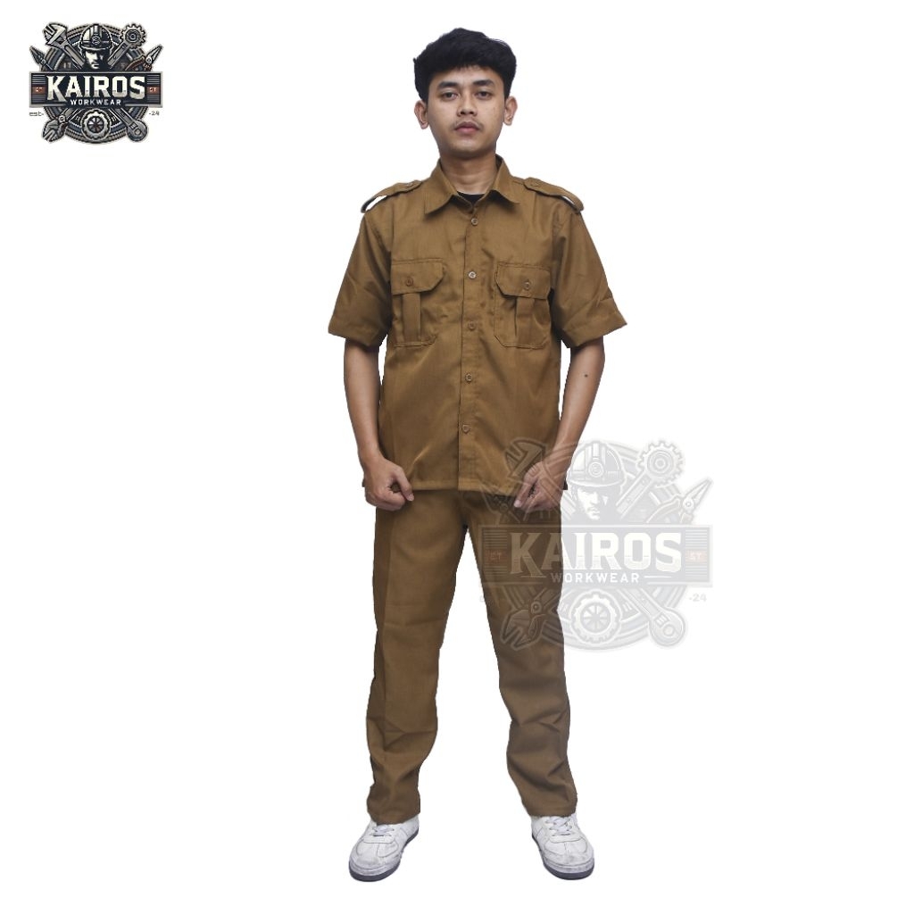 KAIROS - SERAGAM  PNS PRIA LENGAN PENDEK KHAKI TUA DINAS PEMKAB S M L XL XXL