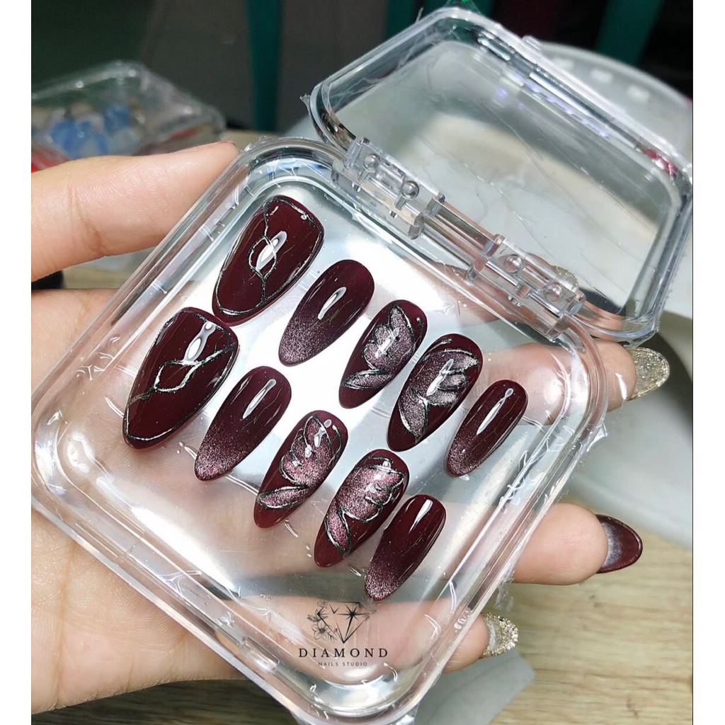 Press on nail merah maroon (kuku palsu) fake nail art