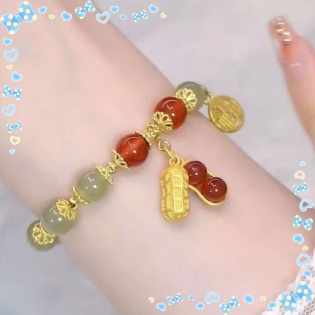 Gelang Wanita Motif Giok Hijau Kacang Merah GL-021 Gelang Korea Aksesoris Fashion
