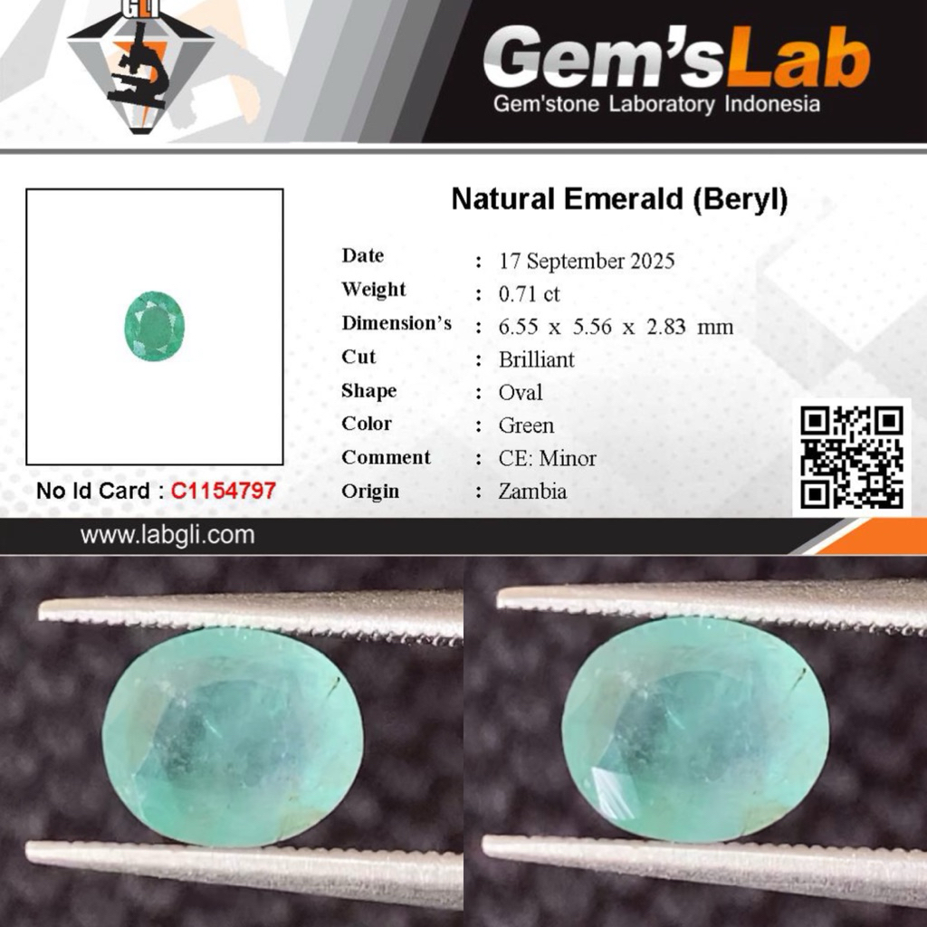 0,71 cts Natural Emerald Beryl / Zamrud origin Zambia Ce Minor Memo GLI