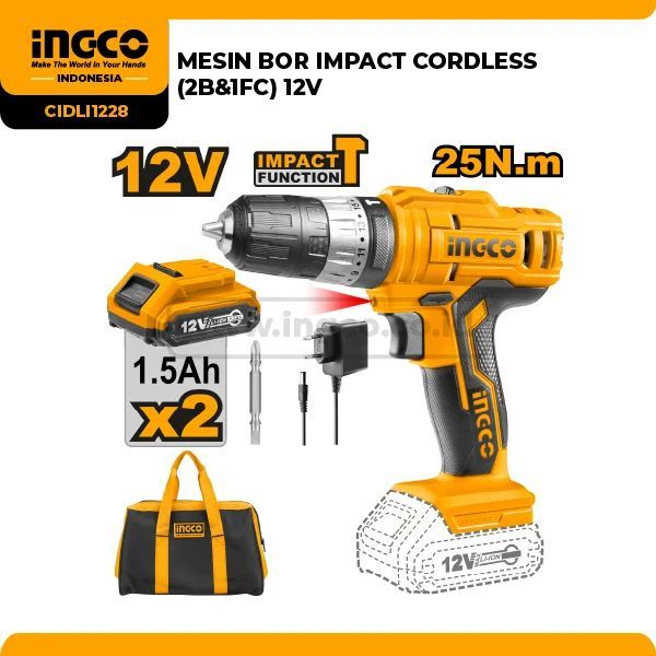INGCO Impact Cordless Drill 12V CIDLI1228 – Bor Baterai Hammer Drill