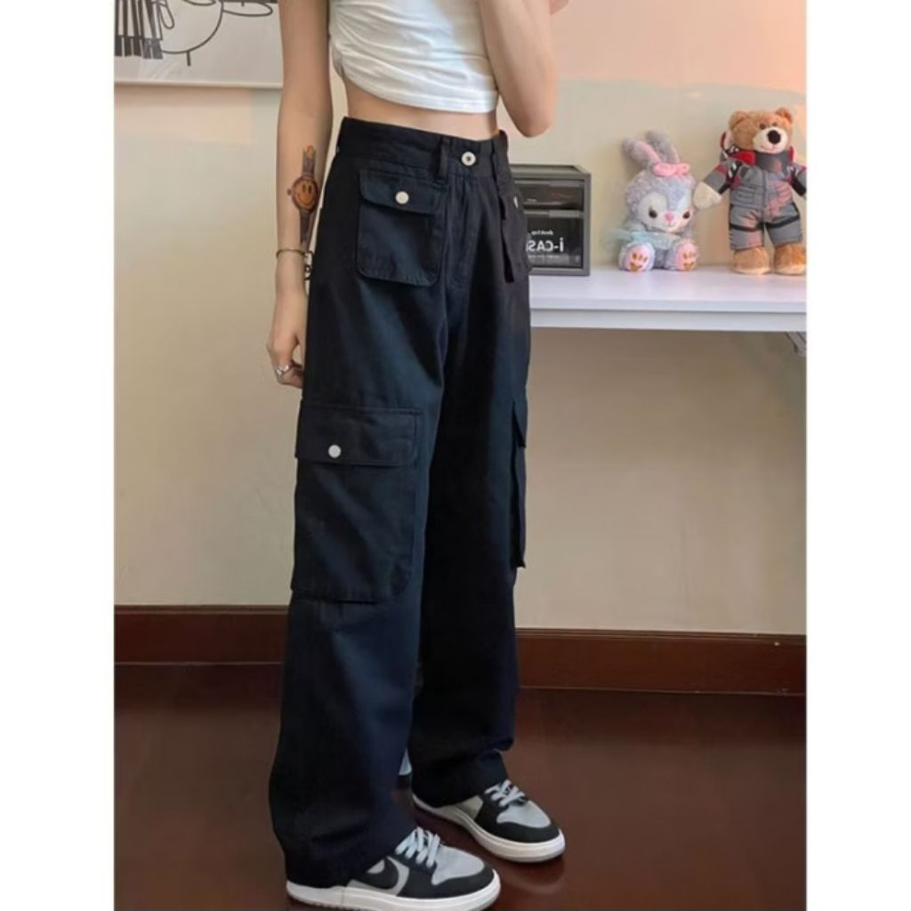 Preloved LULU Highwaist Cargo Celana Jeans Hitam | MASIH BARU SIZE M